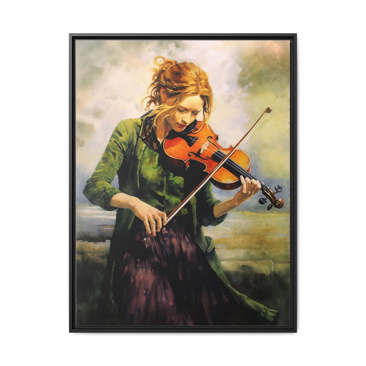 Young Girl with Fiddle wall art featuring a young musician playing the fiddle, printed on high-quality canvas for timeless and elegant décor.