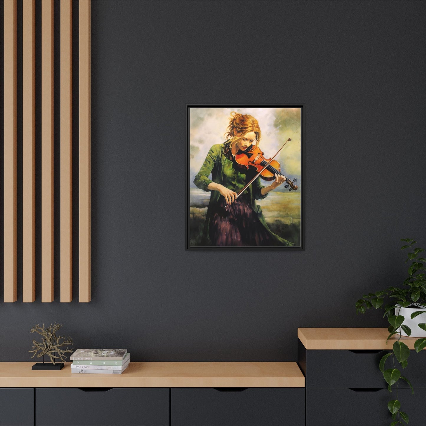 Young Girl with Fiddle wall art featuring a young musician playing the fiddle, printed on high-quality canvas for timeless and elegant décor.