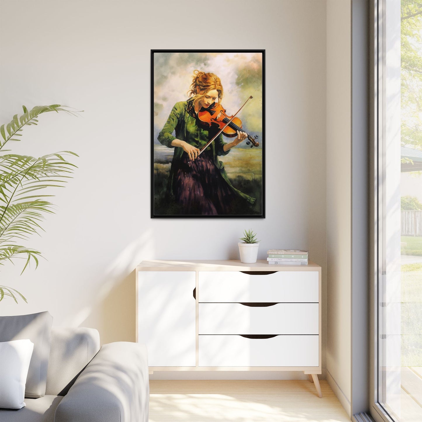 Young Girl with Fiddle wall art featuring a young musician playing the fiddle, printed on high-quality canvas for timeless and elegant décor.