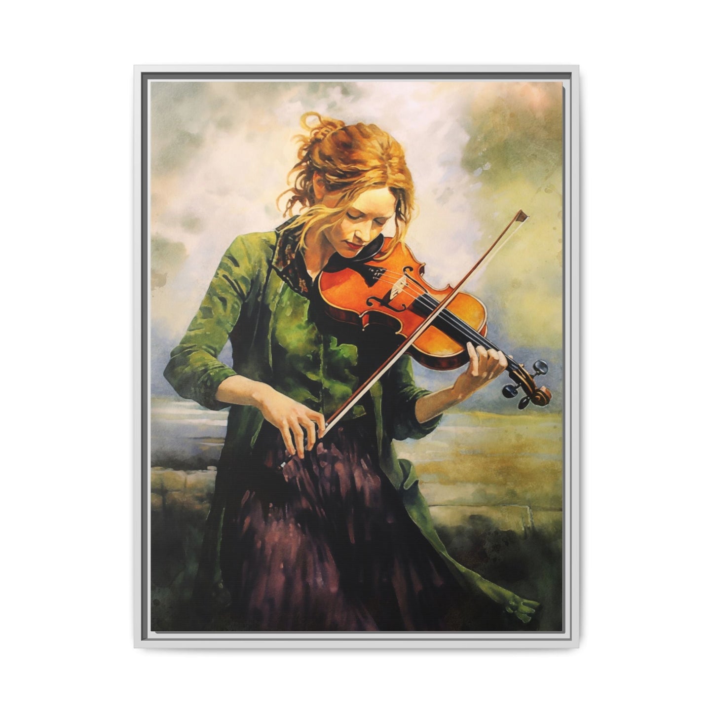 Young Girl with Fiddle wall art featuring a young musician playing the fiddle, printed on high-quality canvas for timeless and elegant décor.
