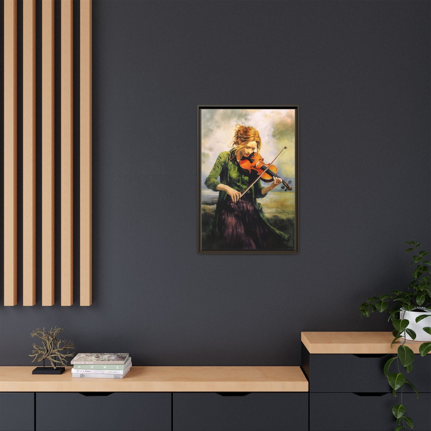 Young Girl with Fiddle wall art featuring a young musician playing the fiddle, printed on high-quality canvas for timeless and elegant décor.
