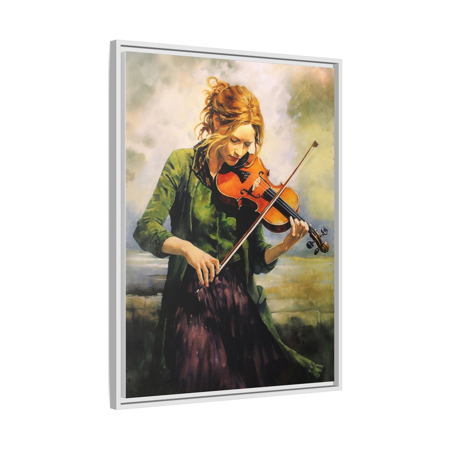 Young Girl with Fiddle wall art featuring a young musician playing the fiddle, printed on high-quality canvas for timeless and elegant décor.