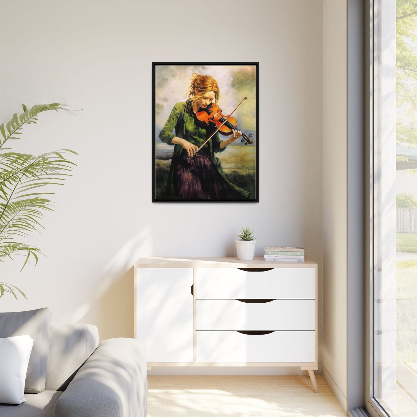 Young Girl with Fiddle wall art featuring a young musician playing the fiddle, printed on high-quality canvas for timeless and elegant décor.