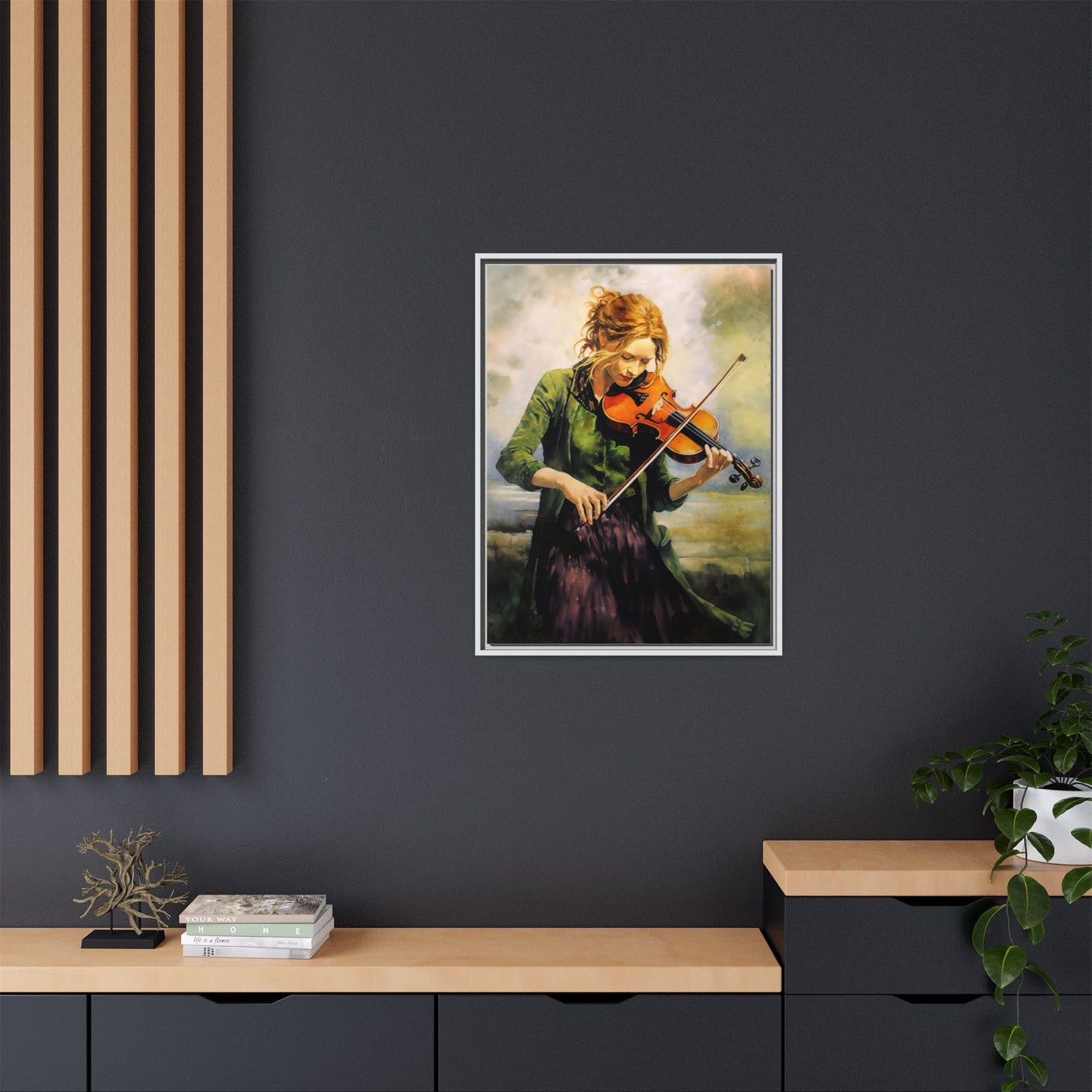 Young Girl with Fiddle wall art featuring a young musician playing the fiddle, printed on high-quality canvas for timeless and elegant décor.