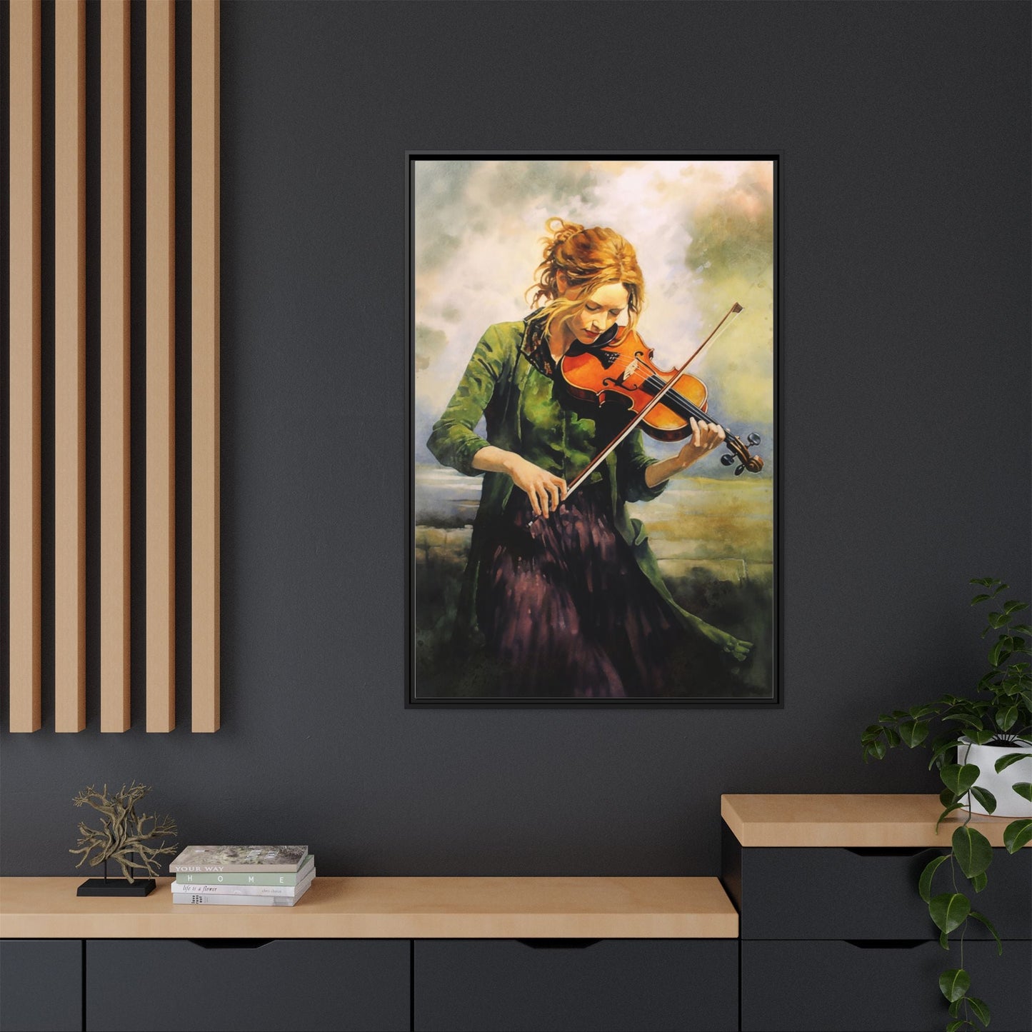 Young Girl with Fiddle wall art featuring a young musician playing the fiddle, printed on high-quality canvas for timeless and elegant décor.