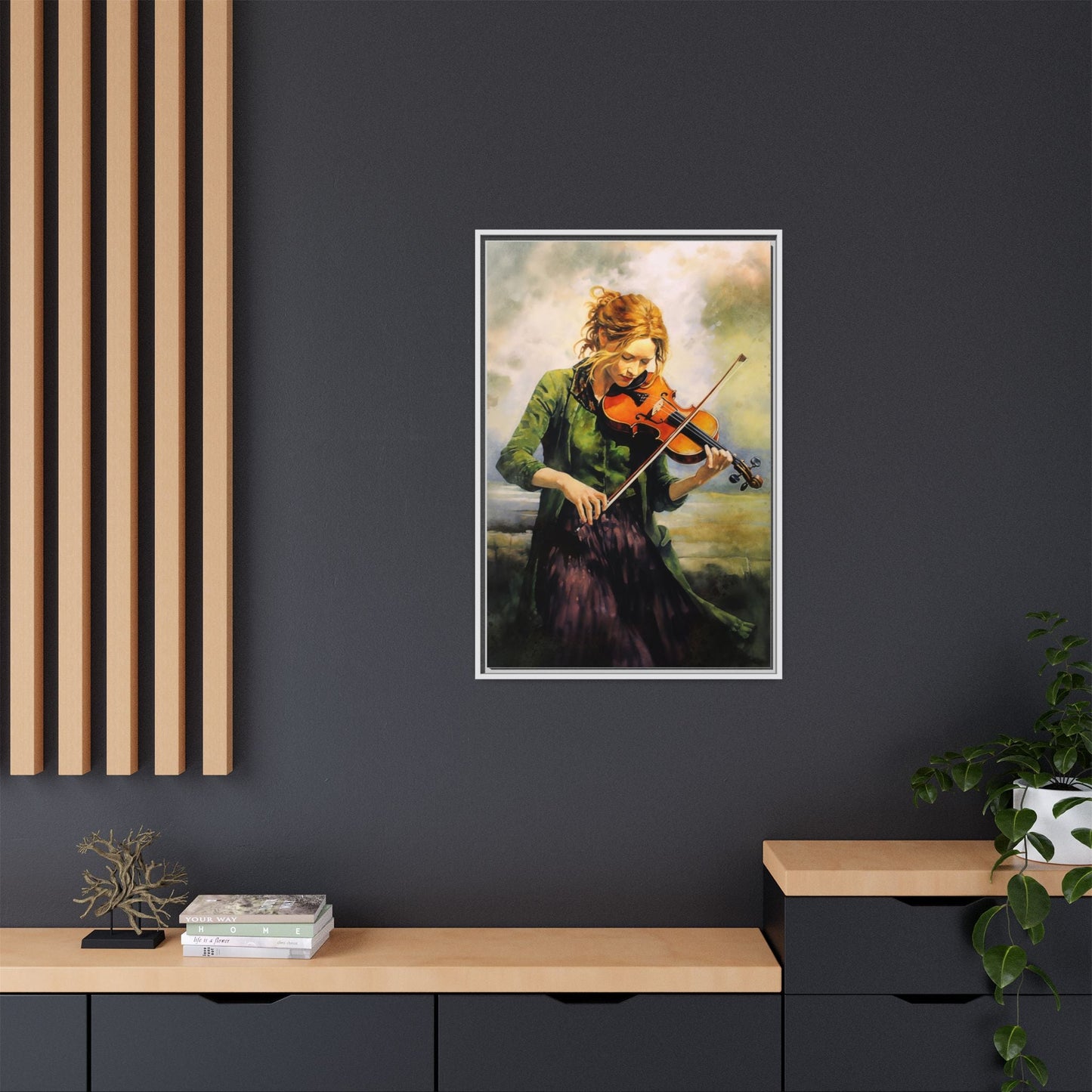 Young Girl with Fiddle wall art featuring a young musician playing the fiddle, printed on high-quality canvas for timeless and elegant décor.