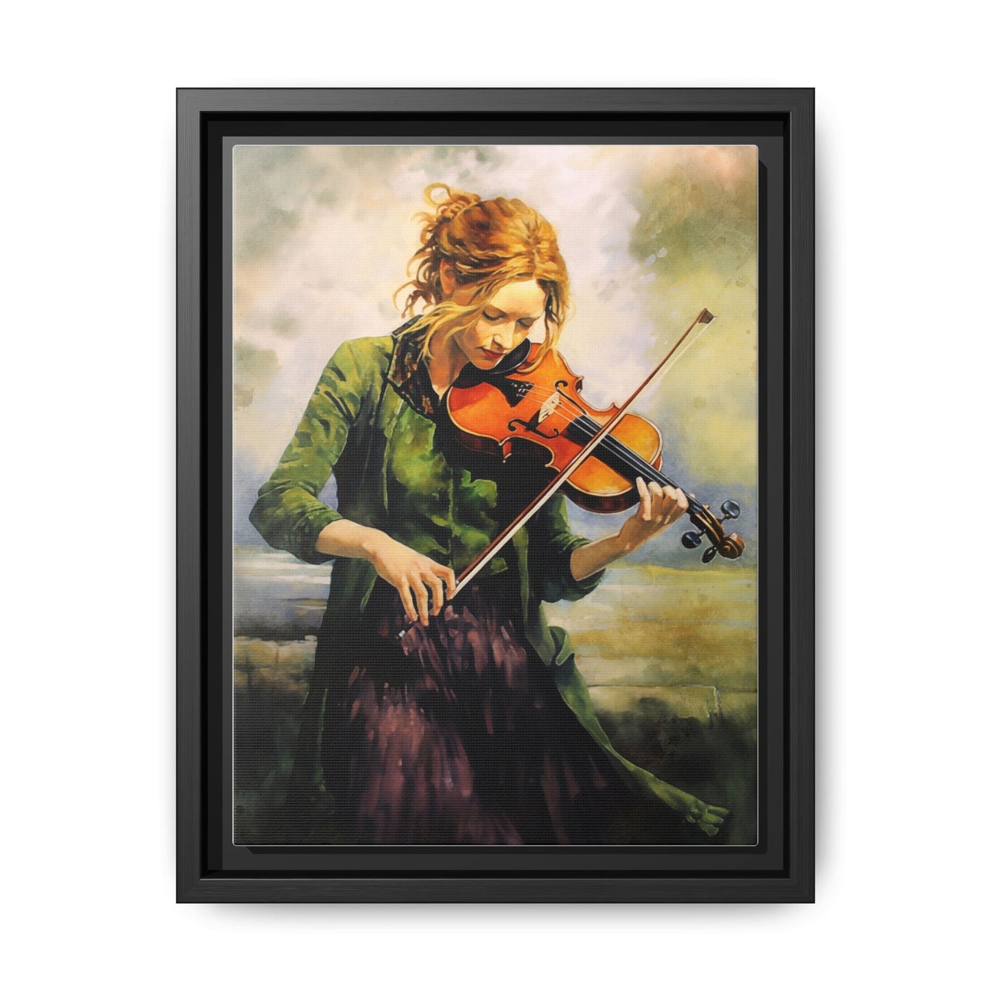Young Girl with Fiddle wall art featuring a young musician playing the fiddle, printed on high-quality canvas for timeless and elegant décor.