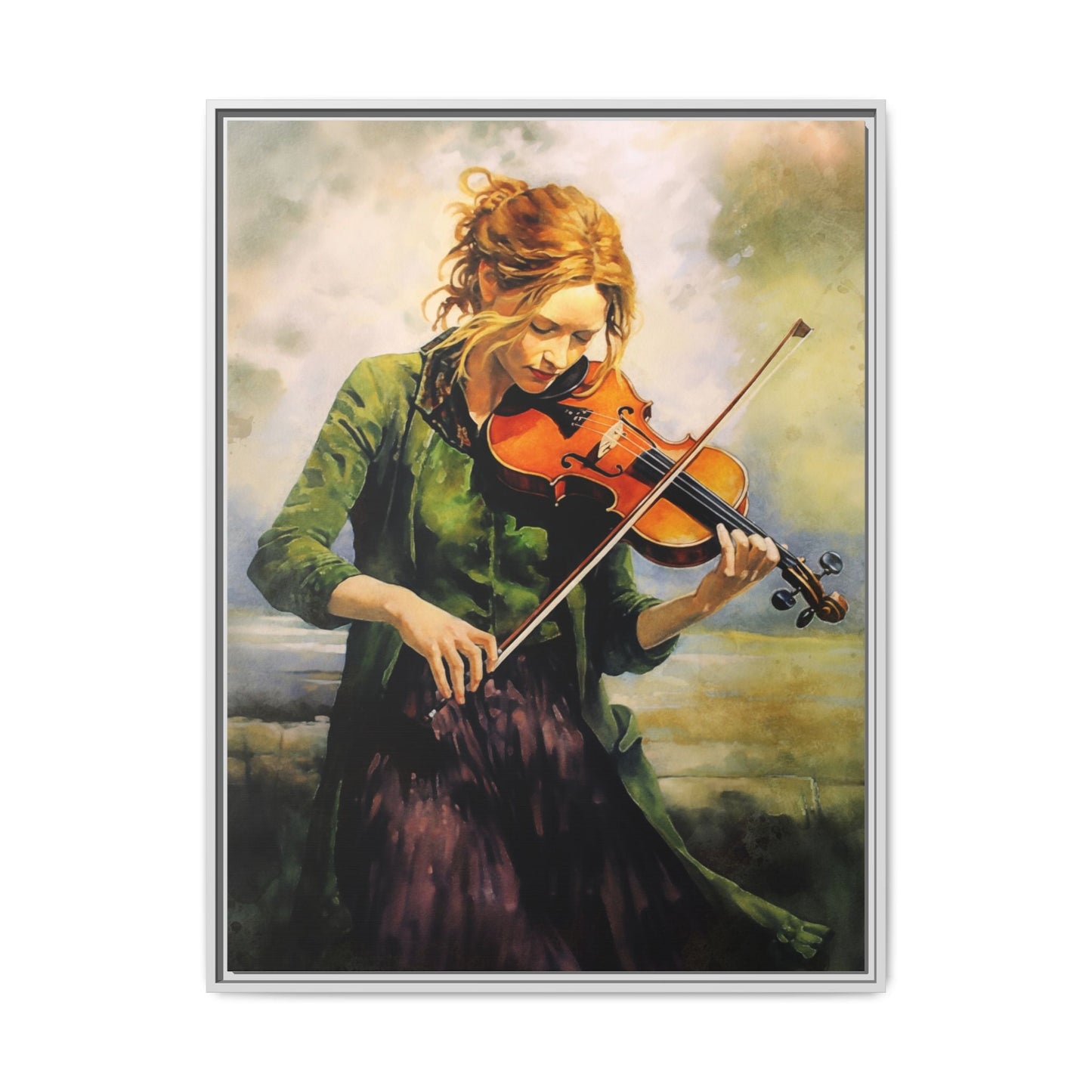 Young Girl with Fiddle wall art featuring a young musician playing the fiddle, printed on high-quality canvas for timeless and elegant décor.