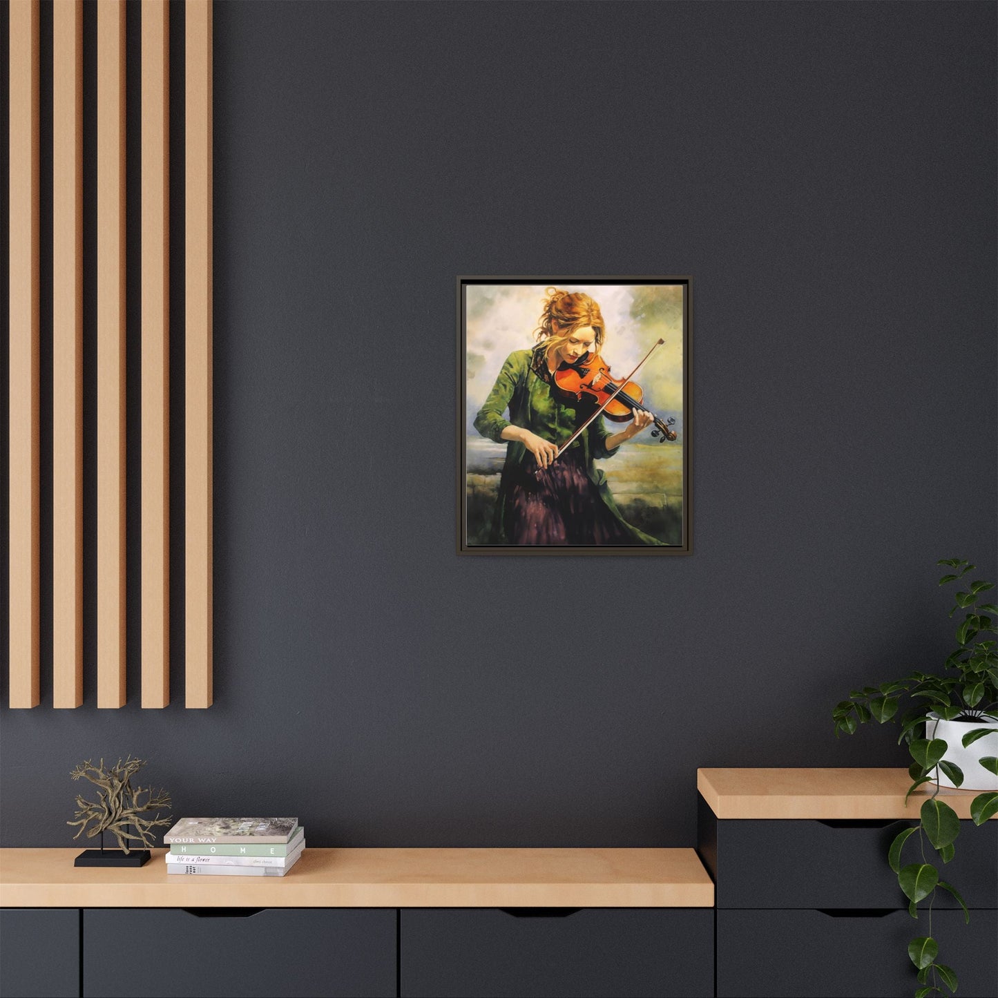 Young Girl with Fiddle wall art featuring a young musician playing the fiddle, printed on high-quality canvas for timeless and elegant décor.