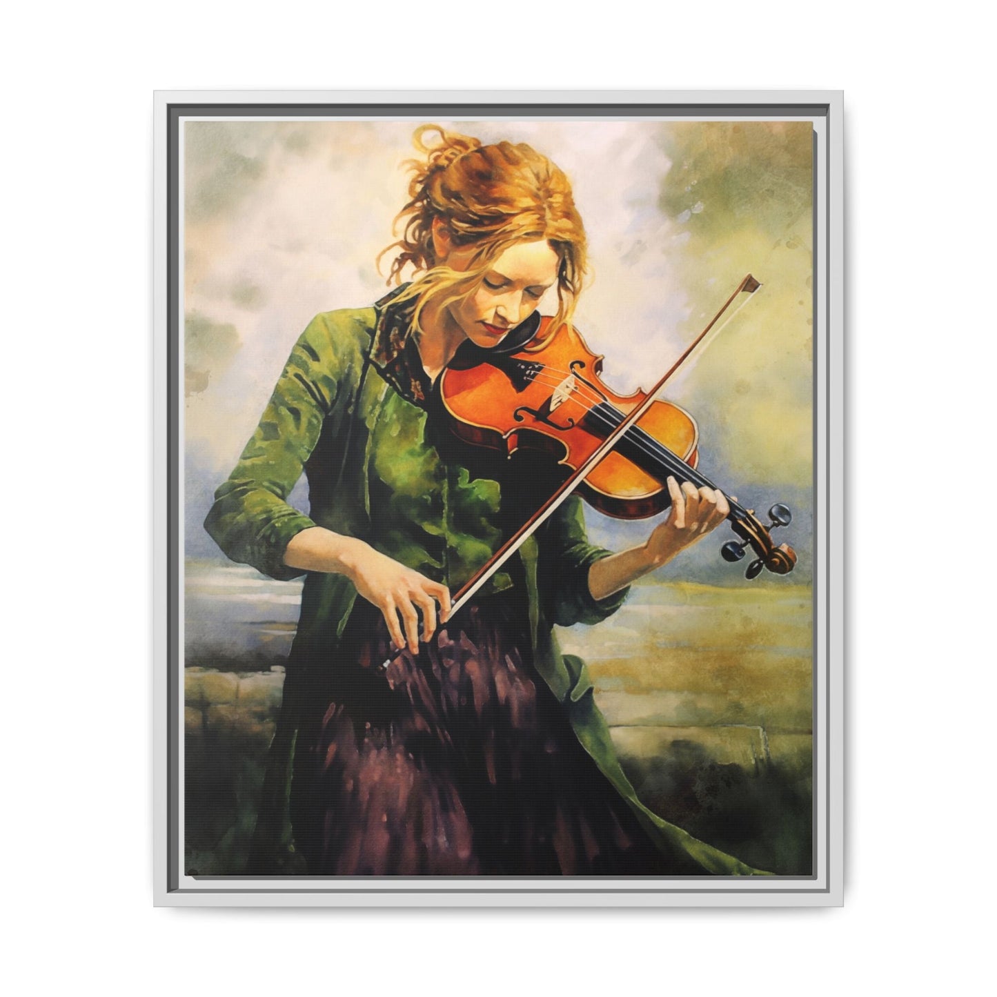 Young Girl with Fiddle wall art featuring a young musician playing the fiddle, printed on high-quality canvas for timeless and elegant décor.