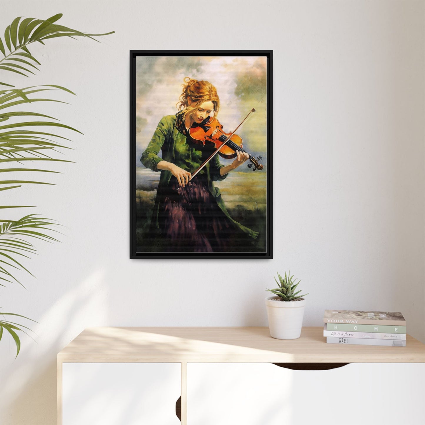 Young Girl with Fiddle wall art featuring a young musician playing the fiddle, printed on high-quality canvas for timeless and elegant décor.