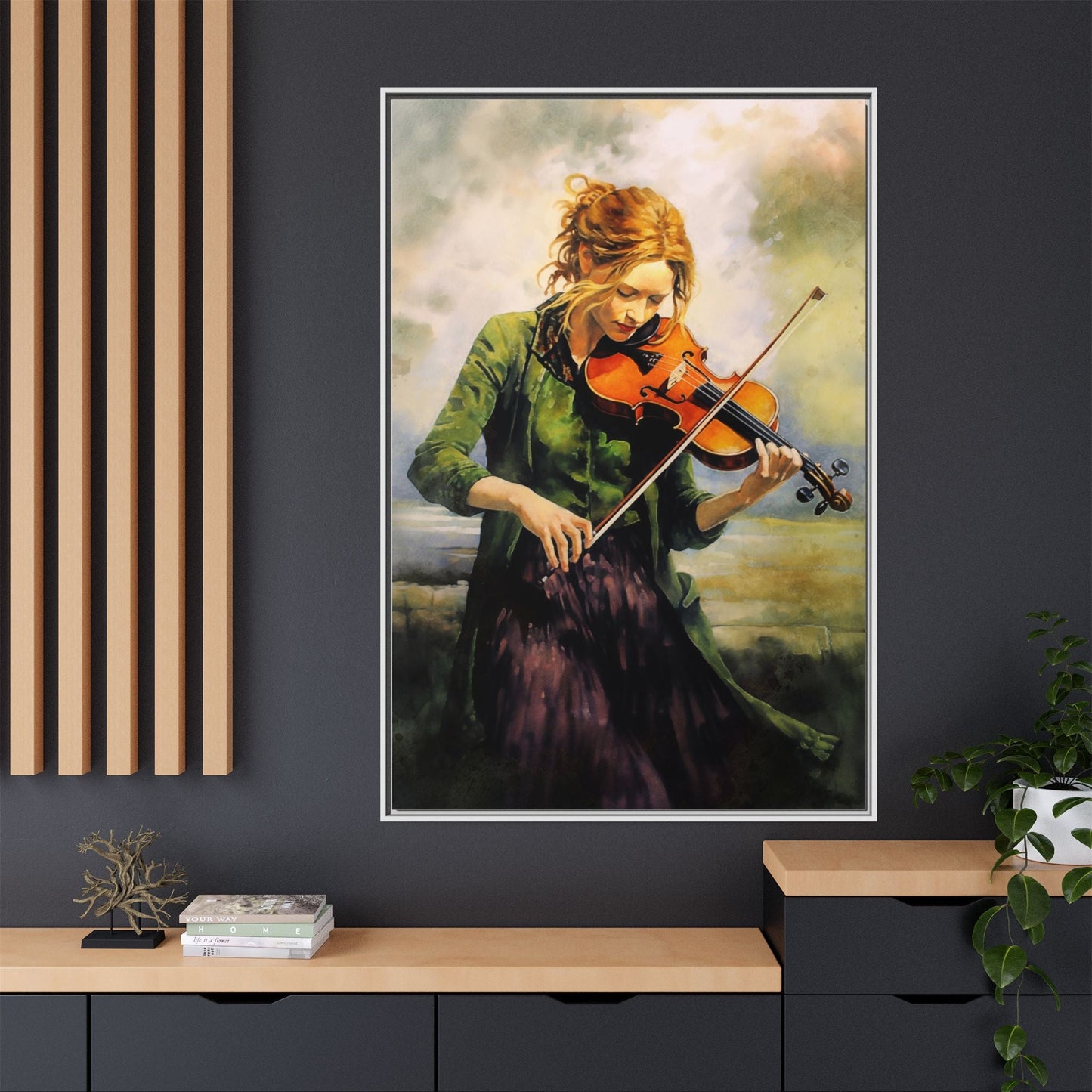 Young Girl with Fiddle wall art featuring a young musician playing the fiddle, printed on high-quality canvas for timeless and elegant décor.