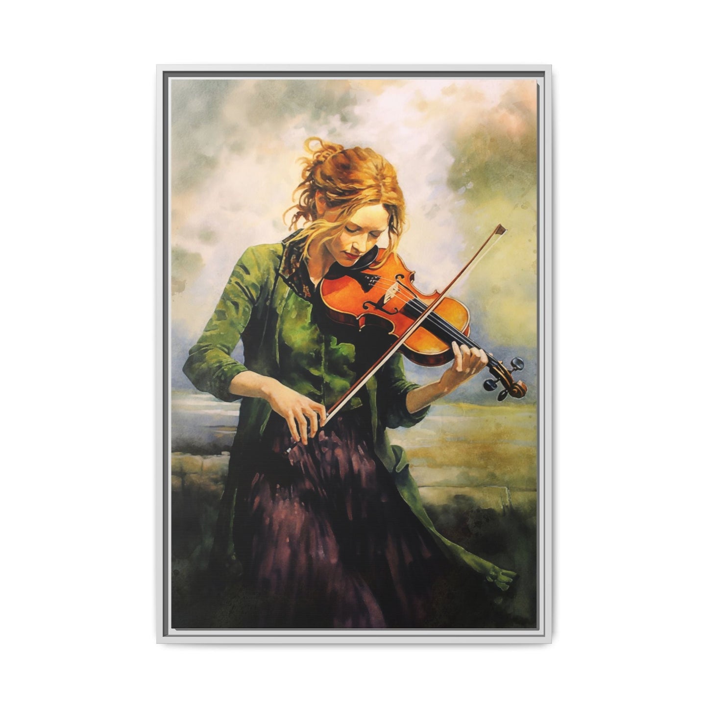Young Girl with Fiddle wall art featuring a young musician playing the fiddle, printed on high-quality canvas for timeless and elegant décor.