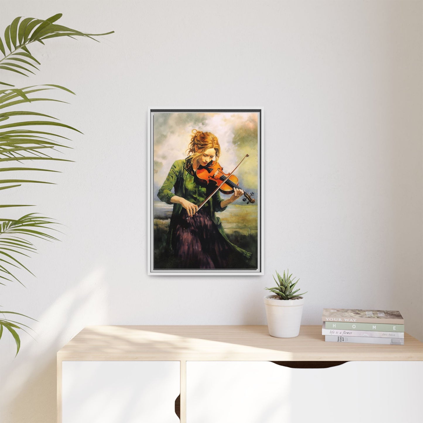 Young Girl with Fiddle wall art featuring a young musician playing the fiddle, printed on high-quality canvas for timeless and elegant décor.