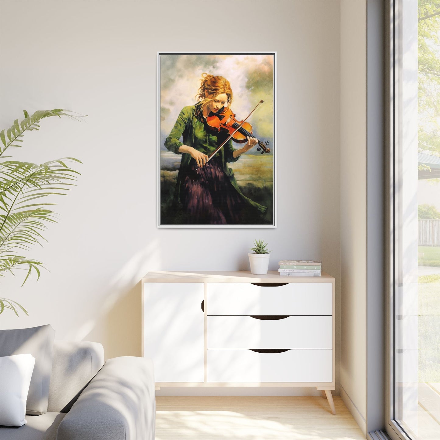 Young Girl with Fiddle wall art featuring a young musician playing the fiddle, printed on high-quality canvas for timeless and elegant décor.
