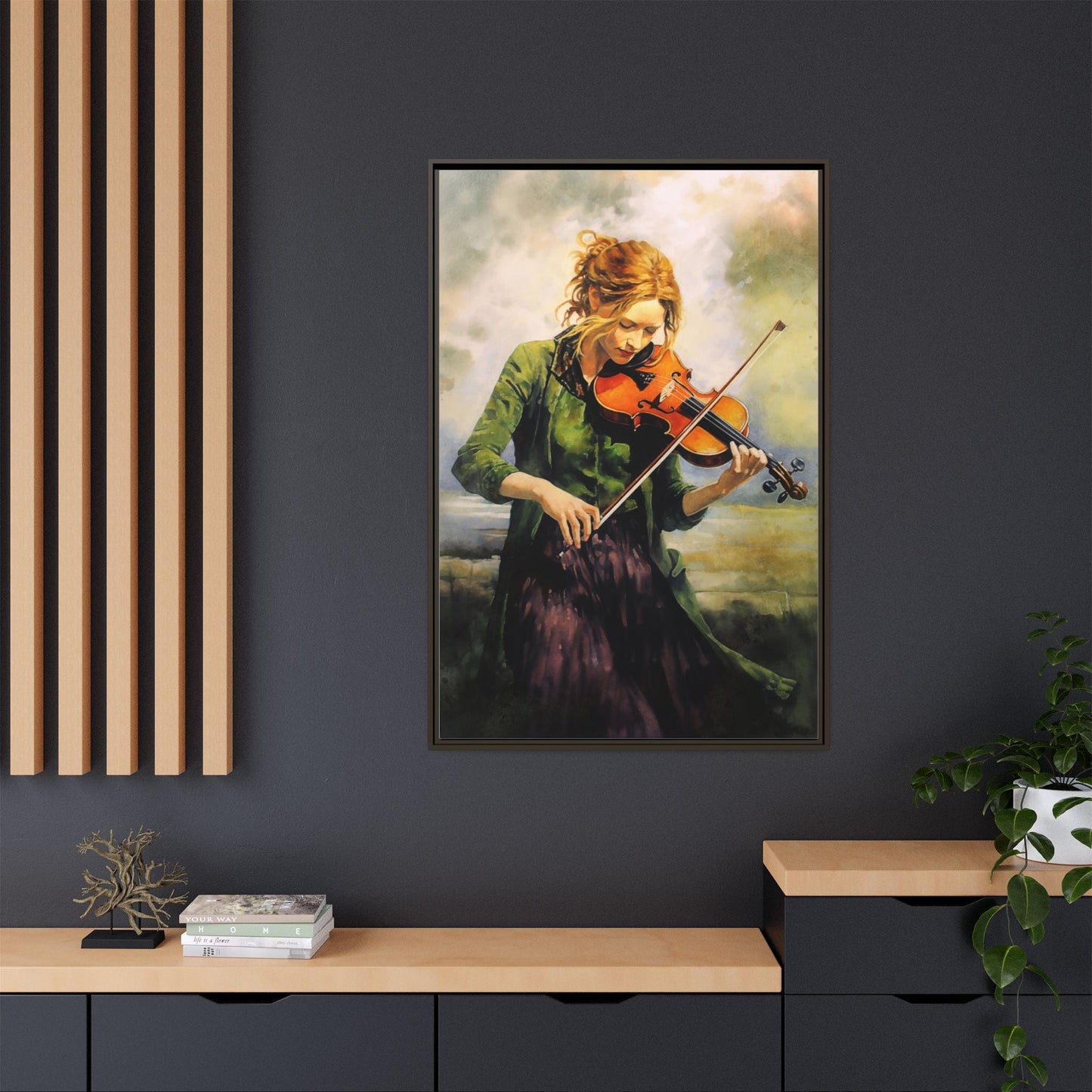 Young Girl with Fiddle wall art featuring a young musician playing the fiddle, printed on high-quality canvas for timeless and elegant décor.