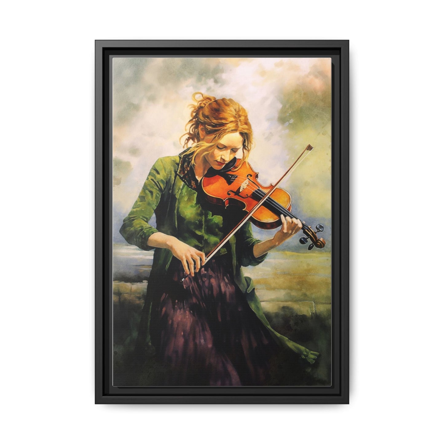 Young Girl with Fiddle wall art featuring a young musician playing the fiddle, printed on high-quality canvas for timeless and elegant décor.