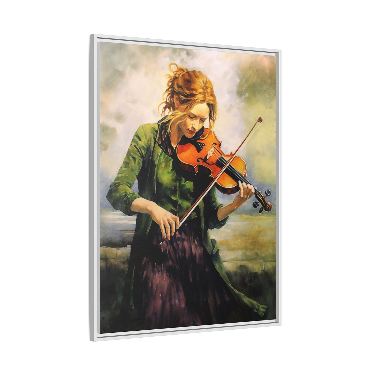Young Girl with Fiddle wall art featuring a young musician playing the fiddle, printed on high-quality canvas for timeless and elegant décor.