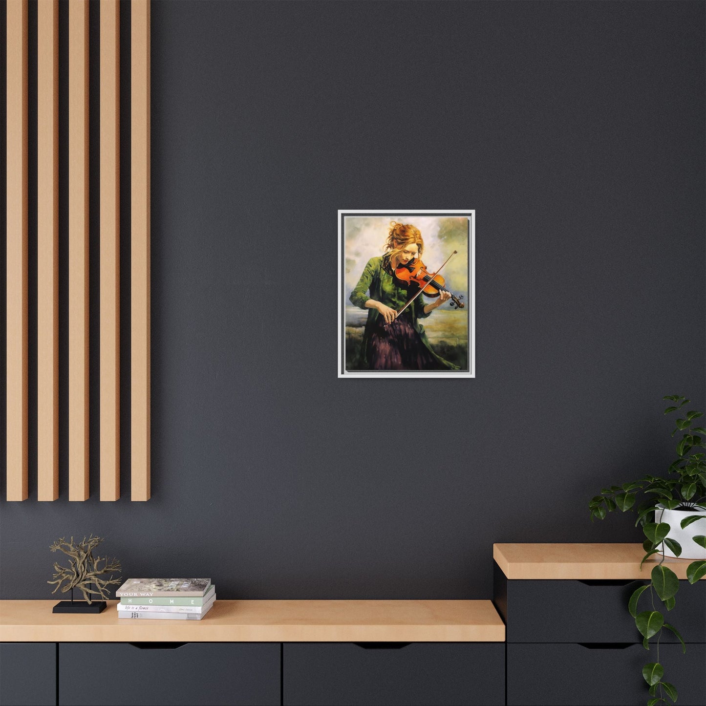 Young Girl with Fiddle wall art featuring a young musician playing the fiddle, printed on high-quality canvas for timeless and elegant décor.