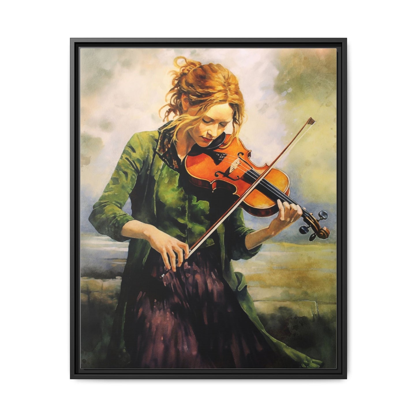 Young Girl with Fiddle wall art featuring a young musician playing the fiddle, printed on high-quality canvas for timeless and elegant décor.