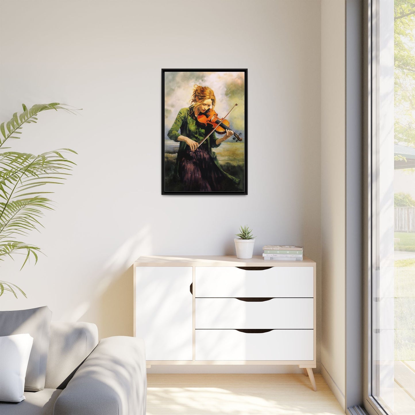 Young Girl with Fiddle wall art featuring a young musician playing the fiddle, printed on high-quality canvas for timeless and elegant décor.