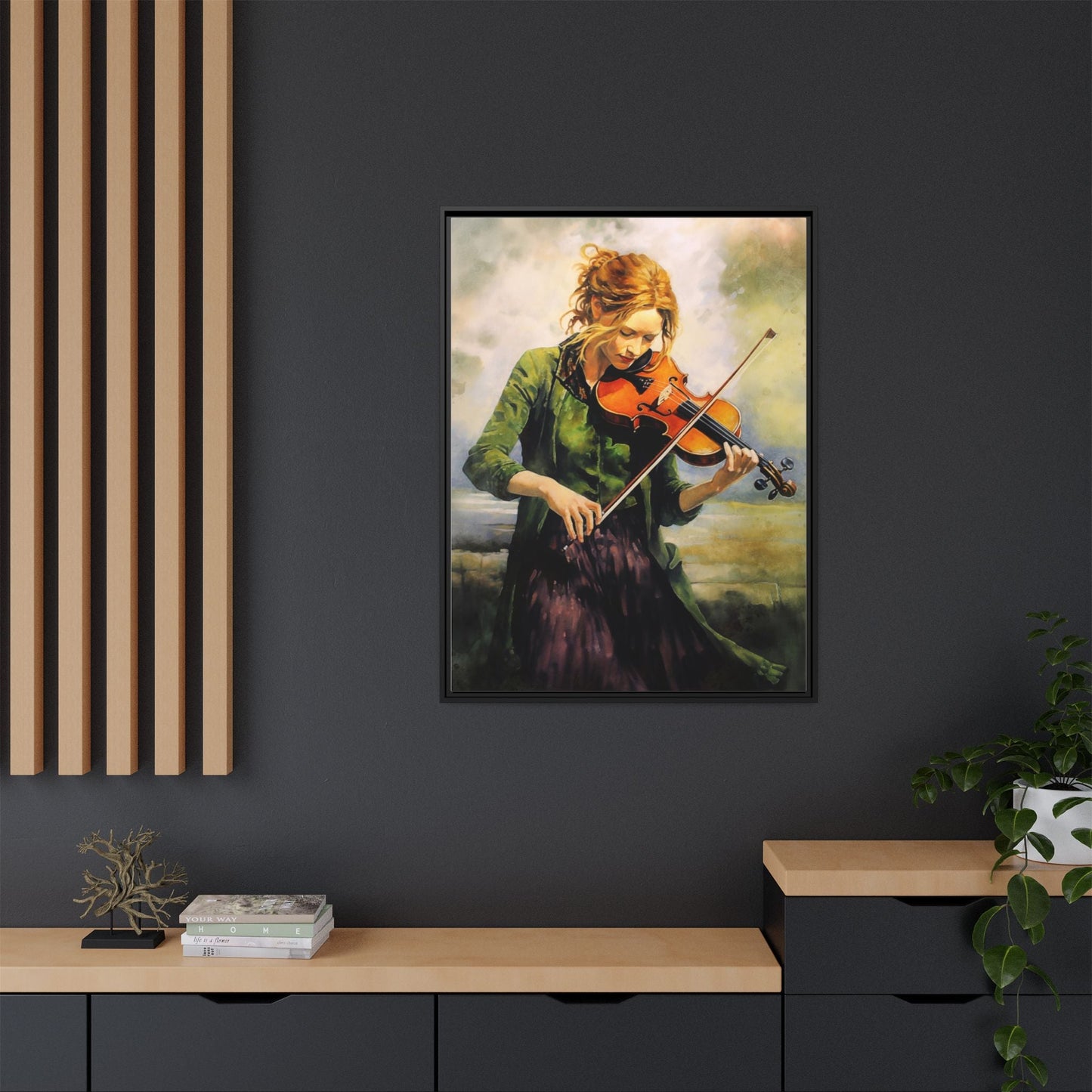Young Girl with Fiddle wall art featuring a young musician playing the fiddle, printed on high-quality canvas for timeless and elegant décor.