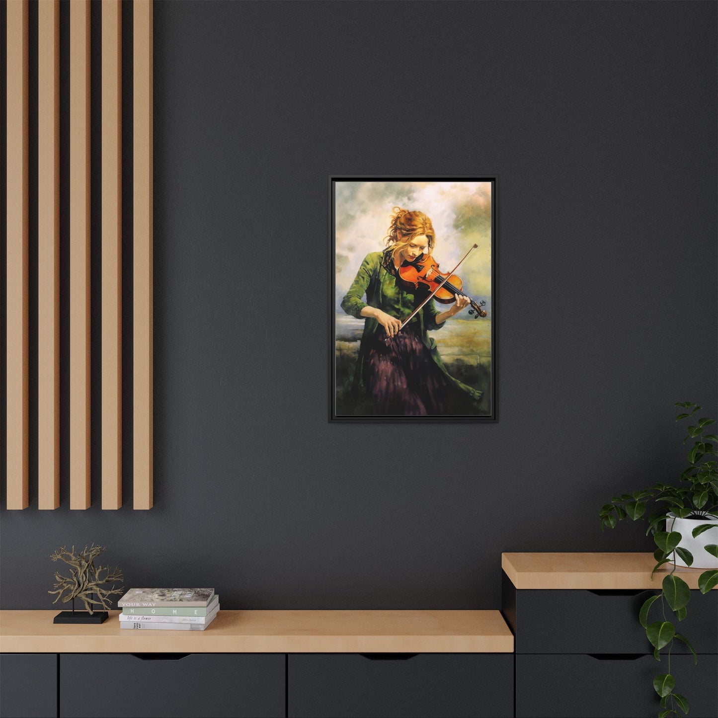 Young Girl with Fiddle wall art featuring a young musician playing the fiddle, printed on high-quality canvas for timeless and elegant décor.
