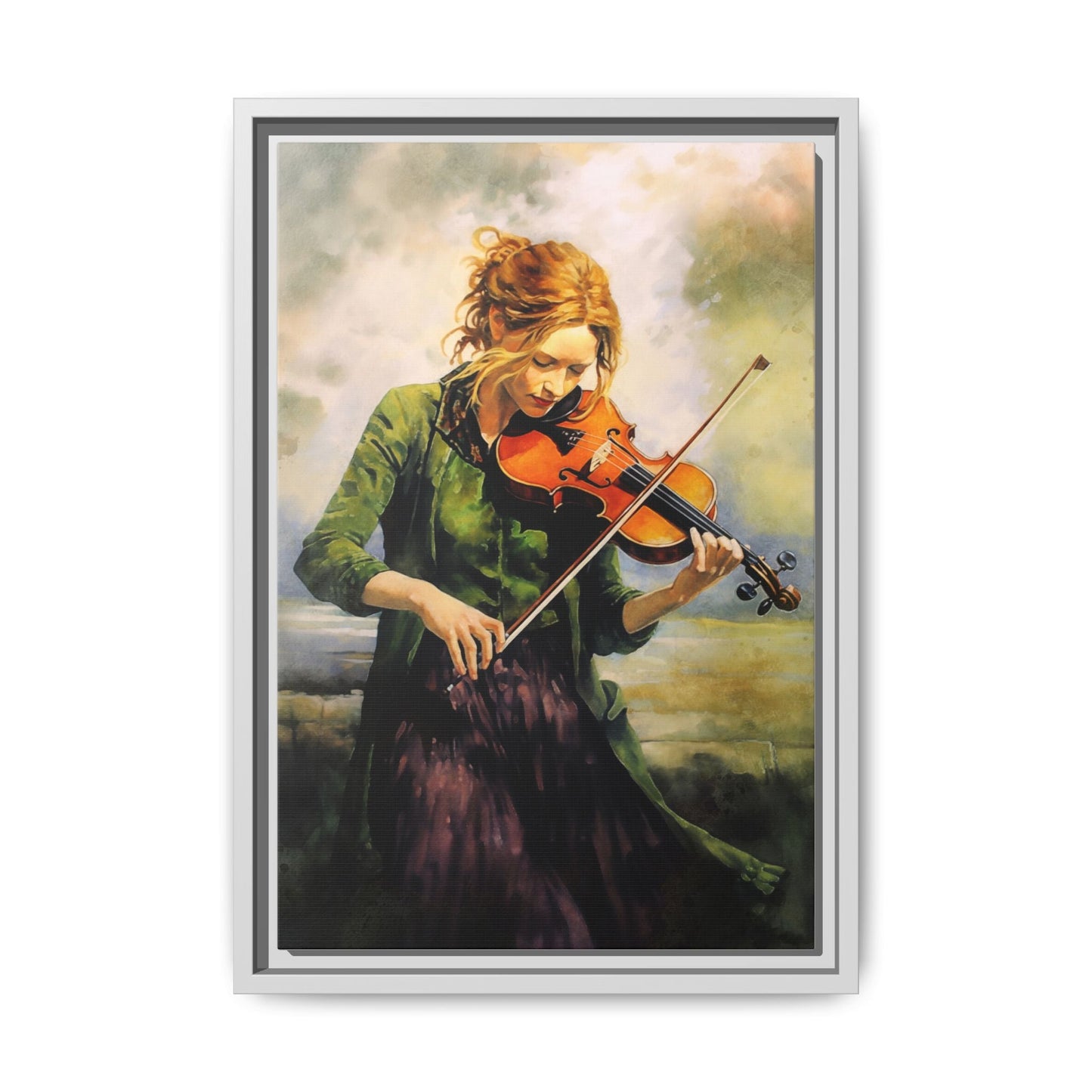 Young Girl with Fiddle wall art featuring a young musician playing the fiddle, printed on high-quality canvas for timeless and elegant décor.