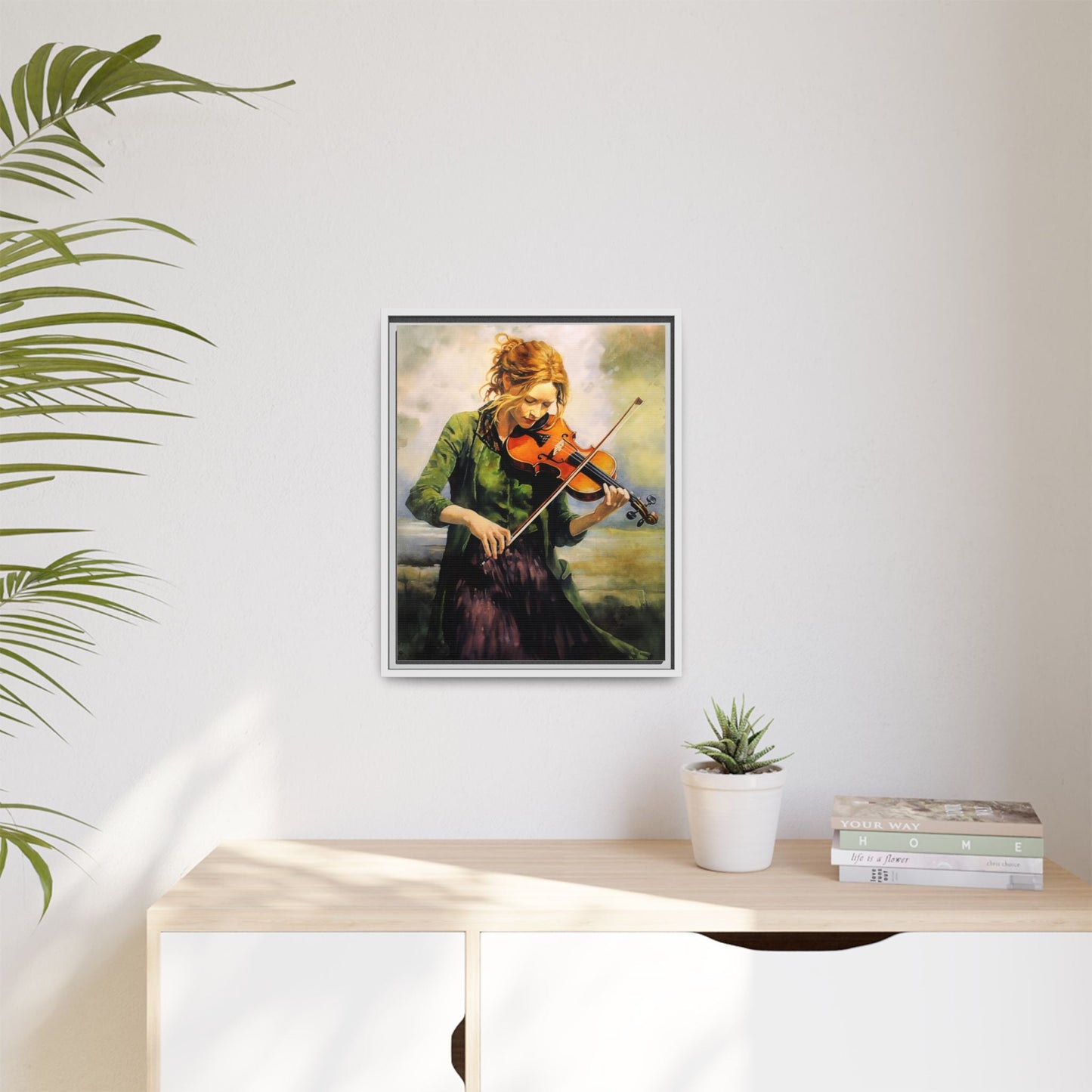 Young Girl with Fiddle wall art featuring a young musician playing the fiddle, printed on high-quality canvas for timeless and elegant décor.