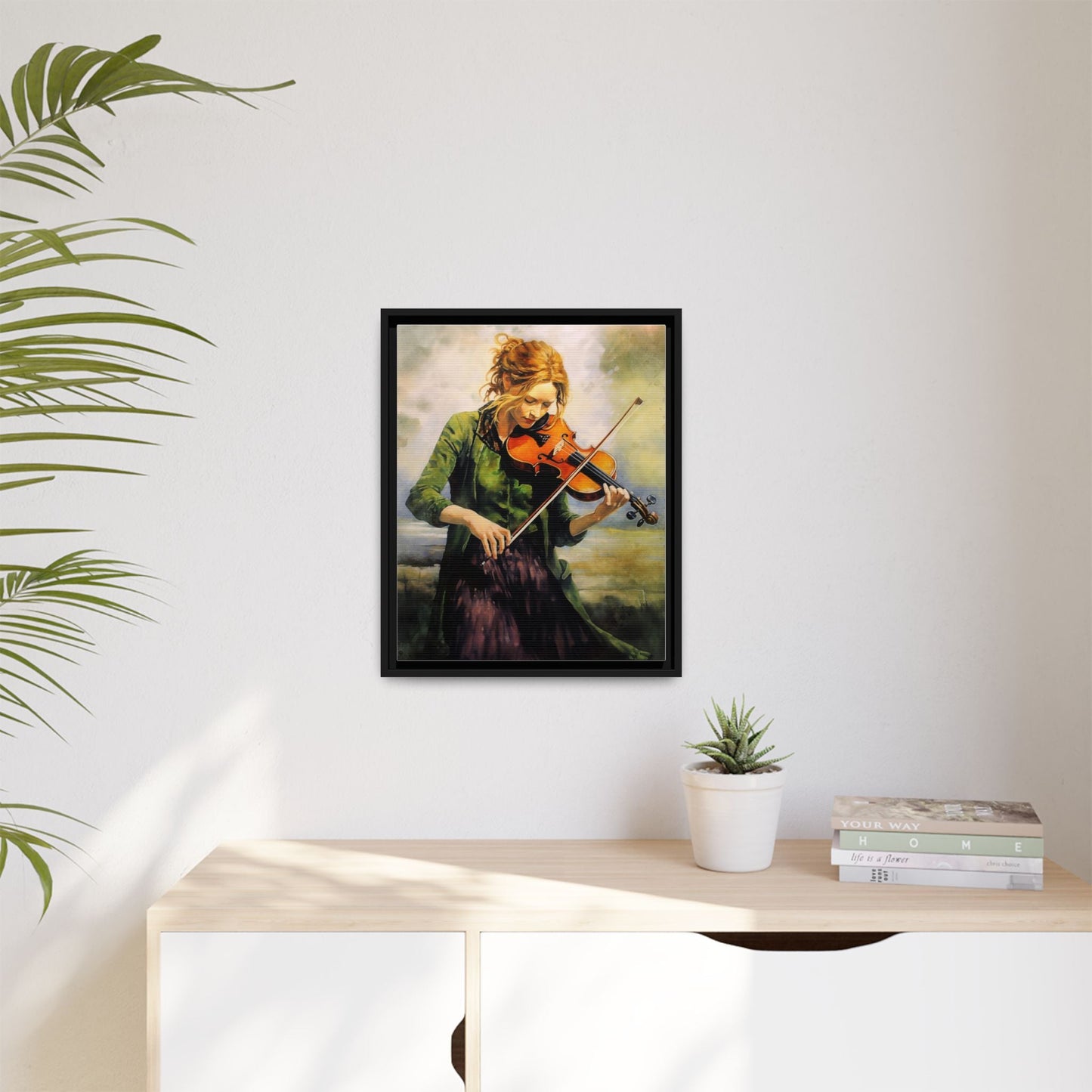 Young Girl with Fiddle wall art featuring a young musician playing the fiddle, printed on high-quality canvas for timeless and elegant décor.