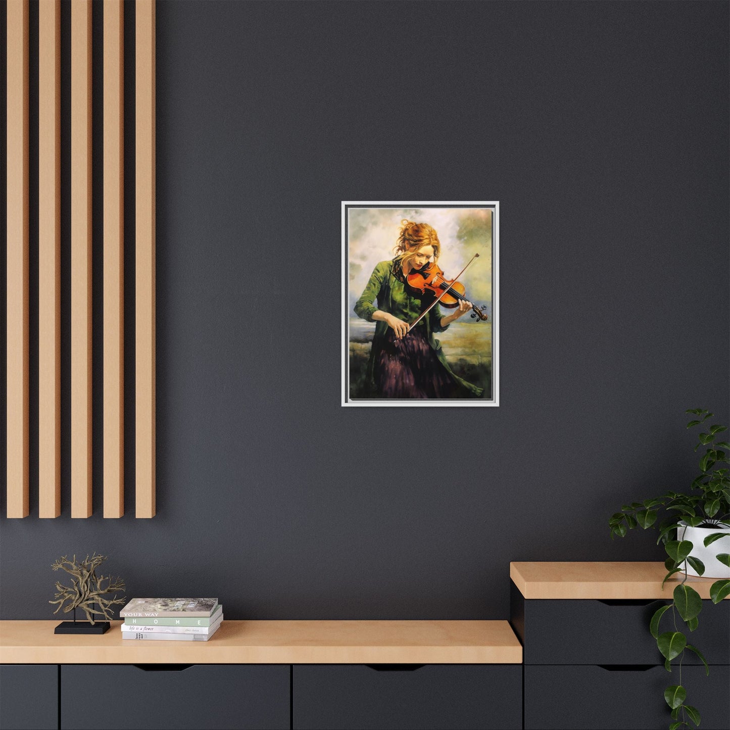 Young Girl with Fiddle wall art featuring a young musician playing the fiddle, printed on high-quality canvas for timeless and elegant décor.