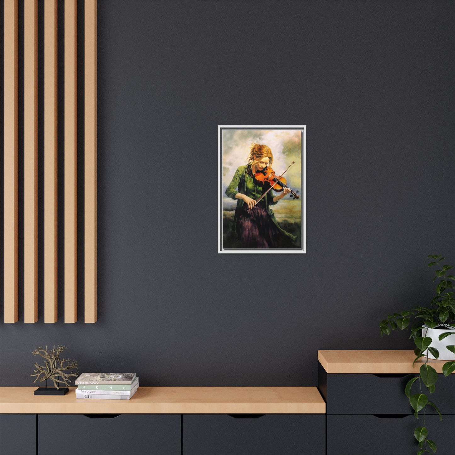Young Girl with Fiddle wall art featuring a young musician playing the fiddle, printed on high-quality canvas for timeless and elegant décor.