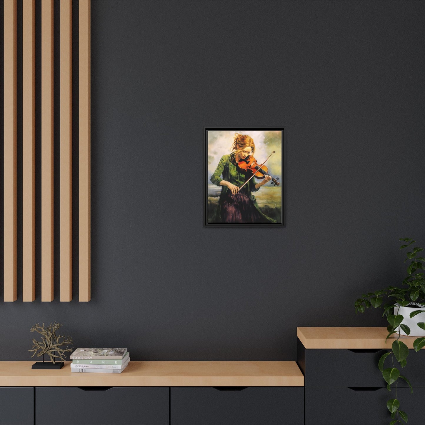 Young Girl with Fiddle wall art featuring a young musician playing the fiddle, printed on high-quality canvas for timeless and elegant décor.