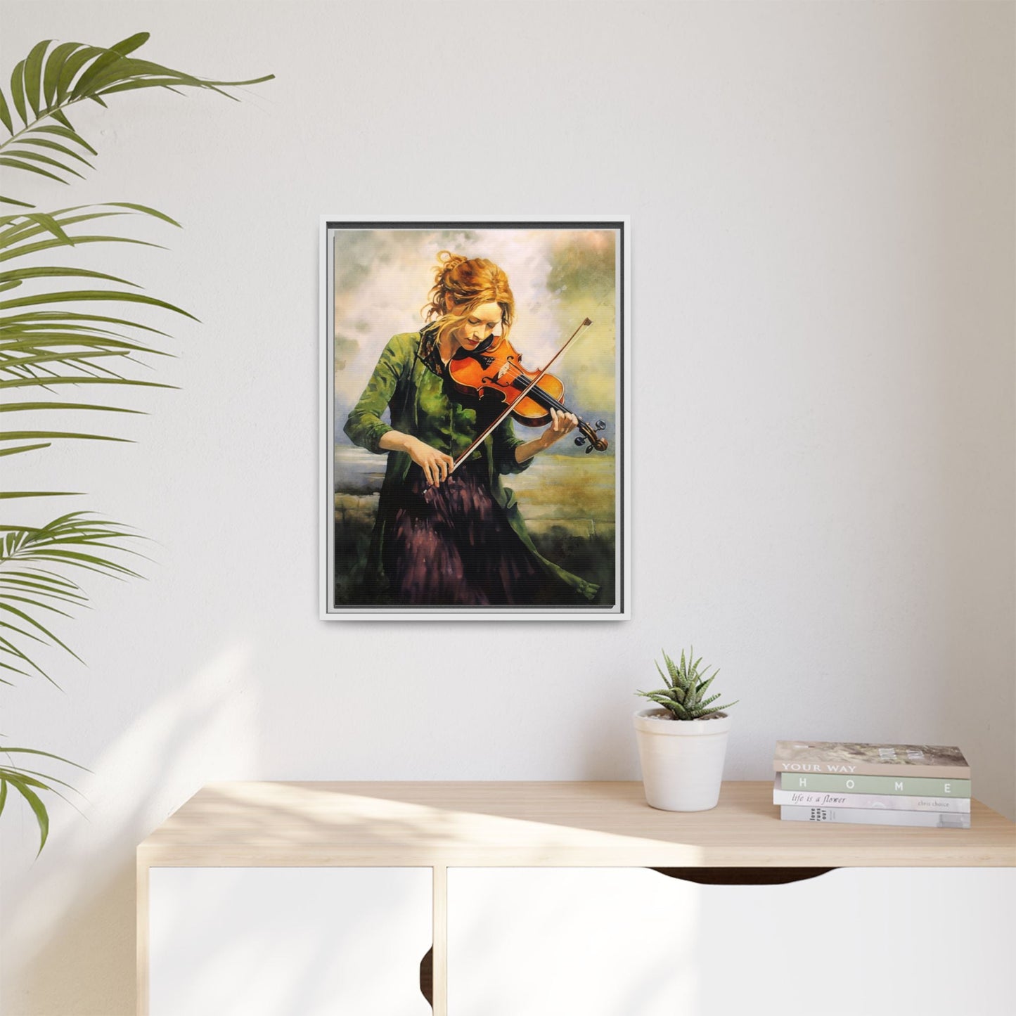 Young Girl with Fiddle wall art featuring a young musician playing the fiddle, printed on high-quality canvas for timeless and elegant décor.