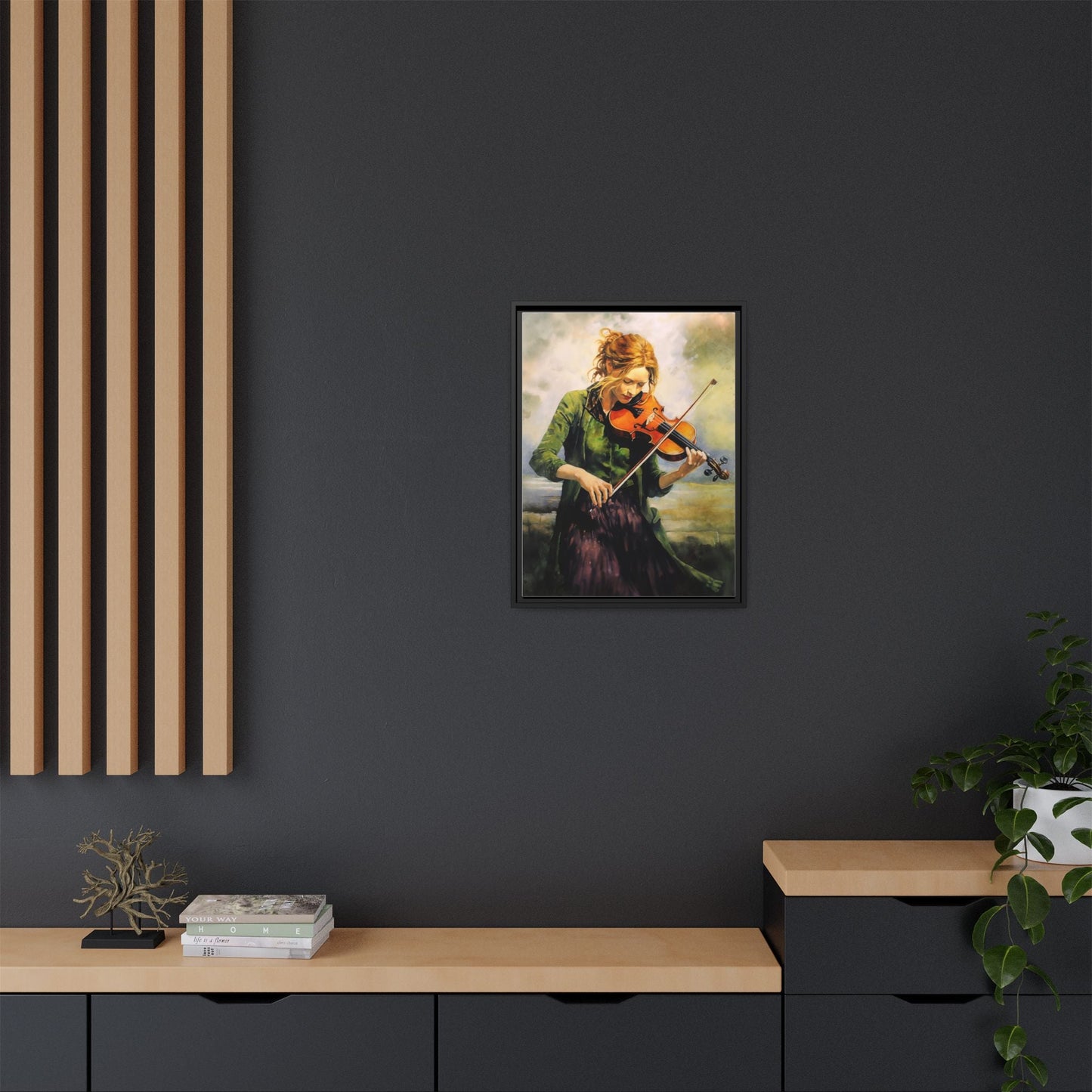 Young Girl with Fiddle wall art featuring a young musician playing the fiddle, printed on high-quality canvas for timeless and elegant décor.