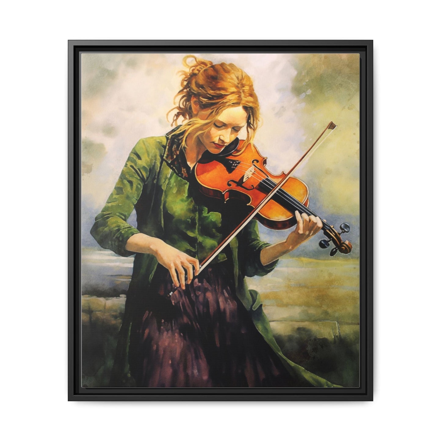 Young Girl with Fiddle wall art featuring a young musician playing the fiddle, printed on high-quality canvas for timeless and elegant décor.