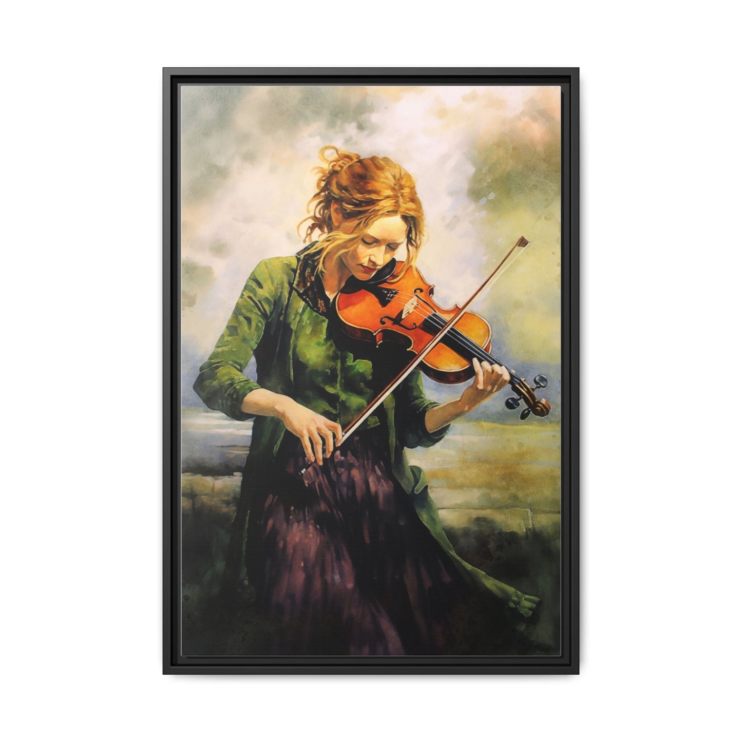 Young Girl with Fiddle wall art featuring a young musician playing the fiddle, printed on high-quality canvas for timeless and elegant décor.