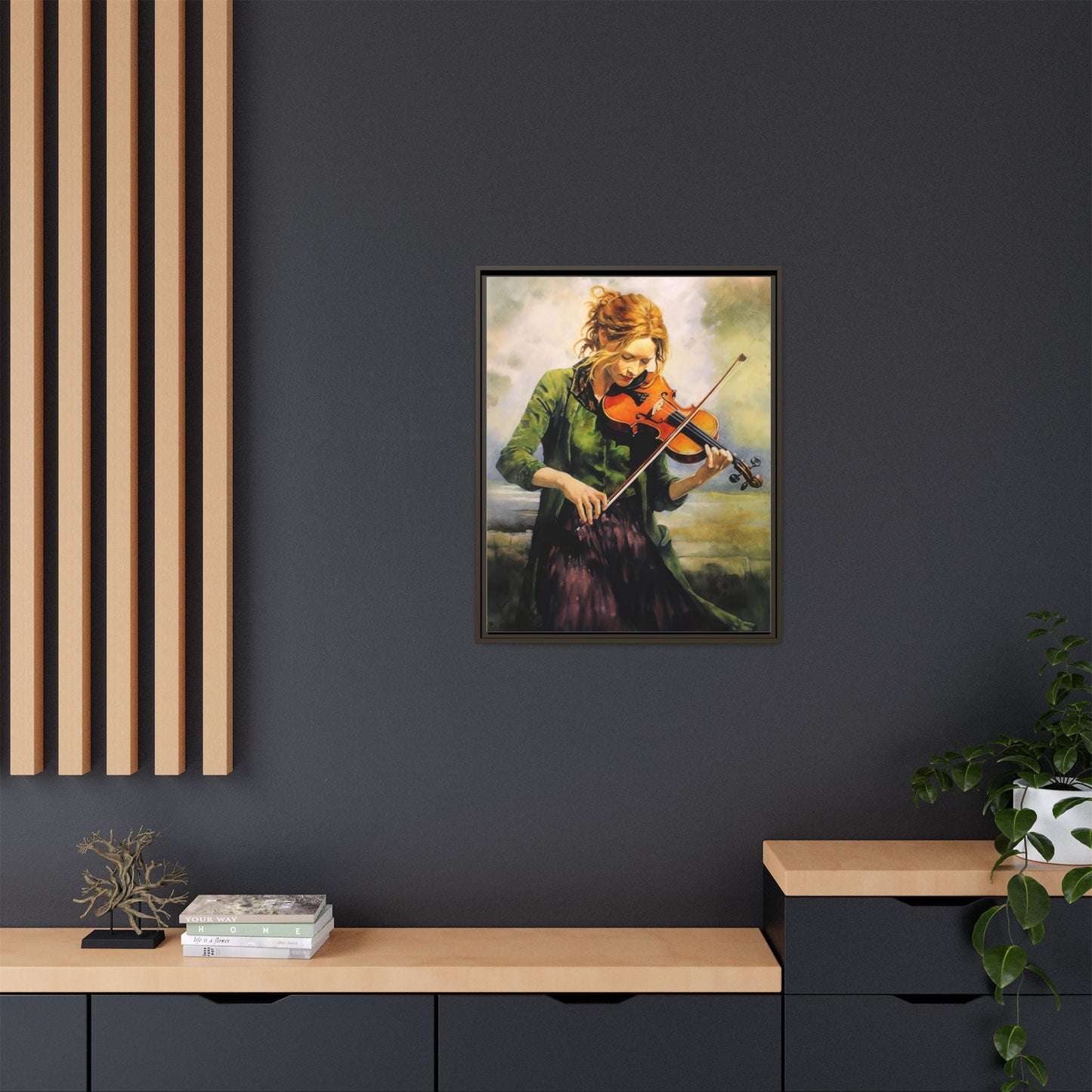 Young Girl with Fiddle wall art featuring a young musician playing the fiddle, printed on high-quality canvas for timeless and elegant décor.