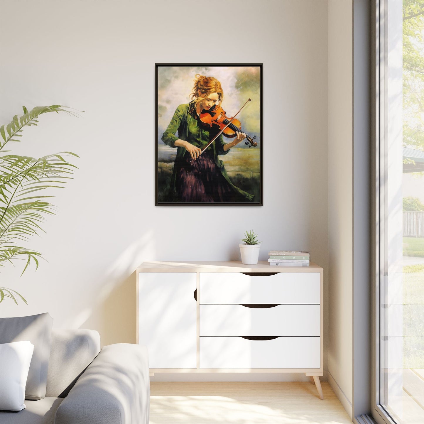 Young Girl with Fiddle wall art featuring a young musician playing the fiddle, printed on high-quality canvas for timeless and elegant décor.