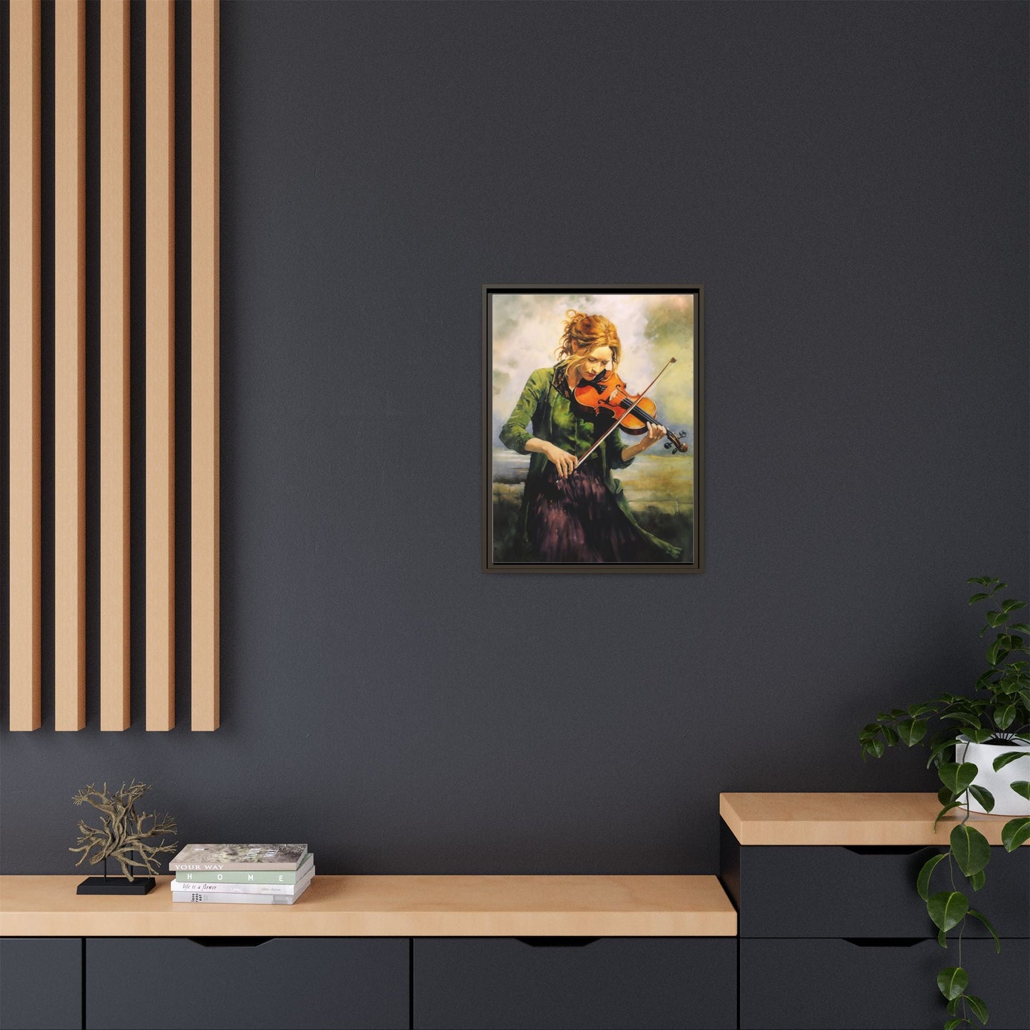 Young Girl with Fiddle wall art featuring a young musician playing the fiddle, printed on high-quality canvas for timeless and elegant décor.