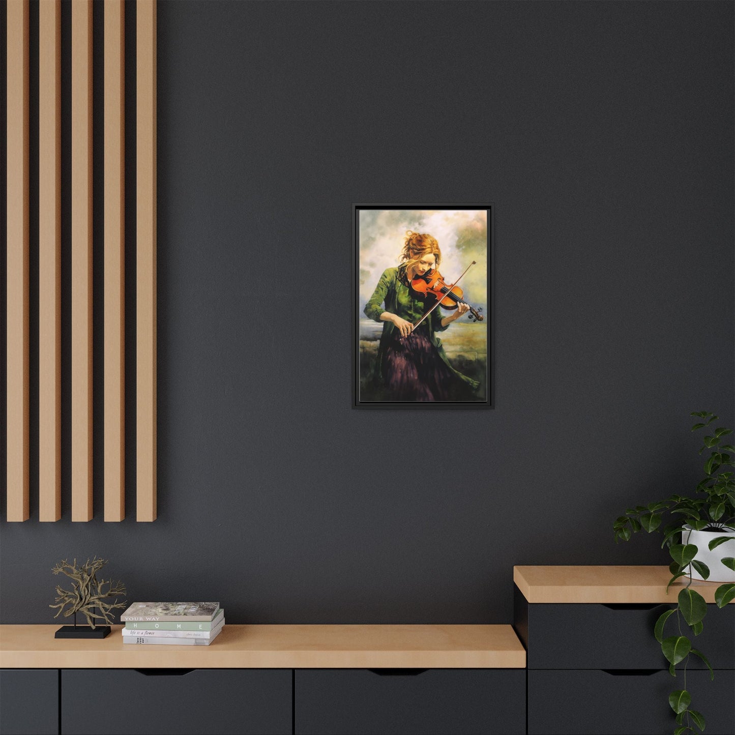 Young Girl with Fiddle wall art featuring a young musician playing the fiddle, printed on high-quality canvas for timeless and elegant décor.