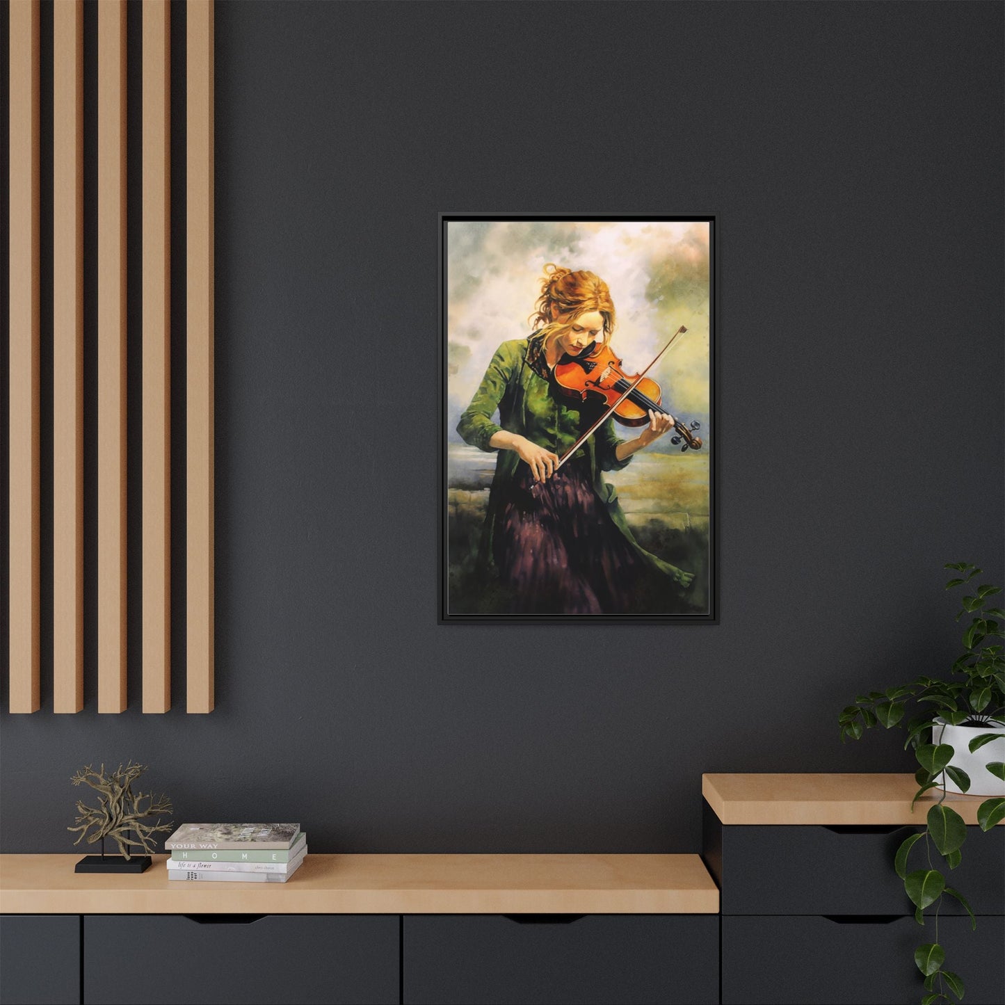 Young Girl with Fiddle wall art featuring a young musician playing the fiddle, printed on high-quality canvas for timeless and elegant décor.