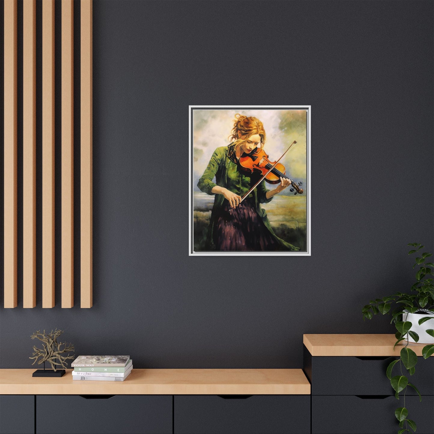Young Girl with Fiddle wall art featuring a young musician playing the fiddle, printed on high-quality canvas for timeless and elegant décor.