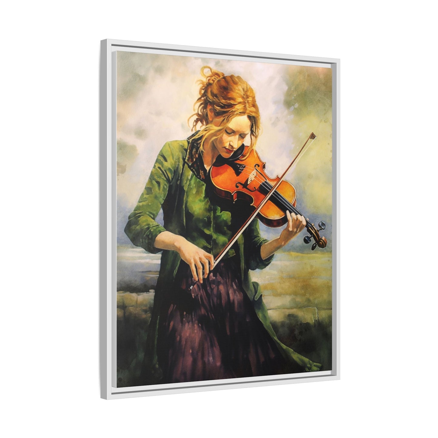 Young Girl with Fiddle wall art featuring a young musician playing the fiddle, printed on high-quality canvas for timeless and elegant décor.
