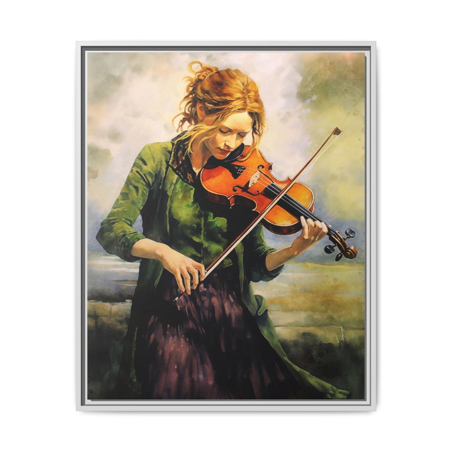 Young Girl with Fiddle wall art featuring a young musician playing the fiddle, printed on high-quality canvas for timeless and elegant décor.