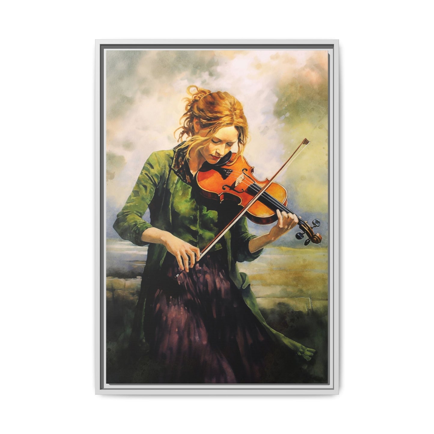 Young Girl with Fiddle wall art featuring a young musician playing the fiddle, printed on high-quality canvas for timeless and elegant décor.