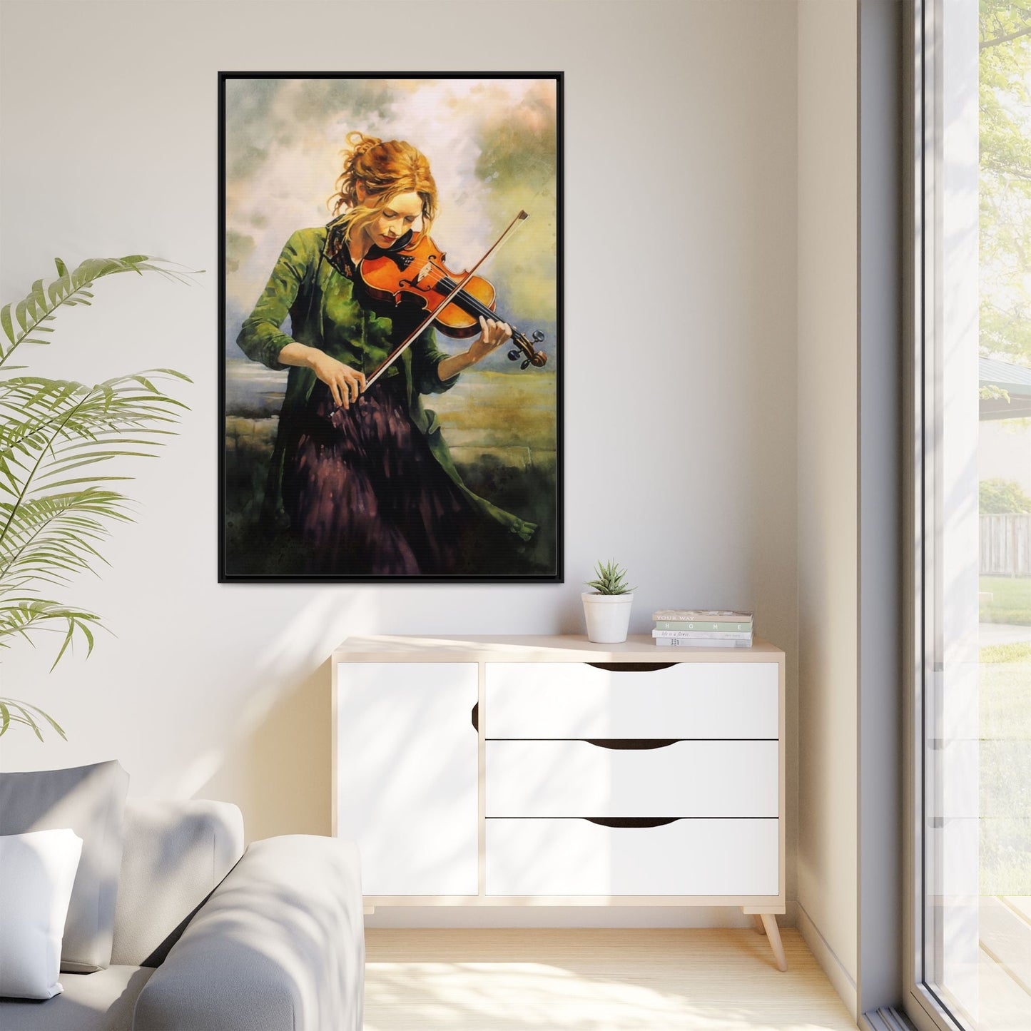 Young Girl with Fiddle wall art featuring a young musician playing the fiddle, printed on high-quality canvas for timeless and elegant décor.