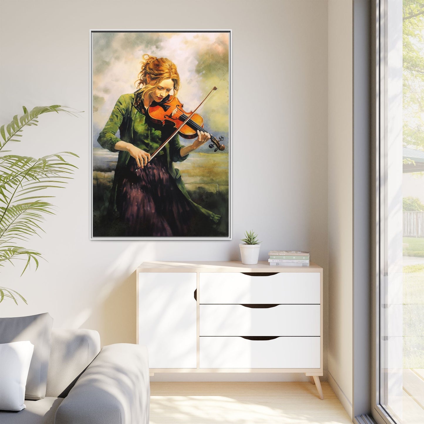 Young Girl with Fiddle wall art featuring a young musician playing the fiddle, printed on high-quality canvas for timeless and elegant décor.