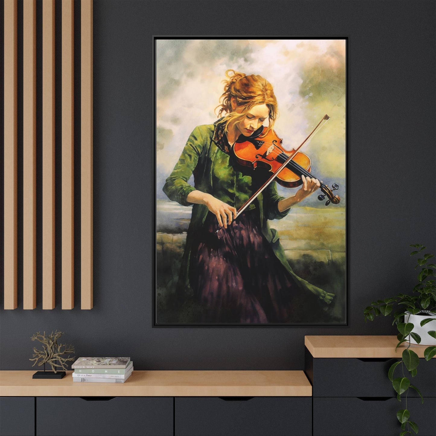 Young Girl with Fiddle wall art featuring a young musician playing the fiddle, printed on high-quality canvas for timeless and elegant décor.