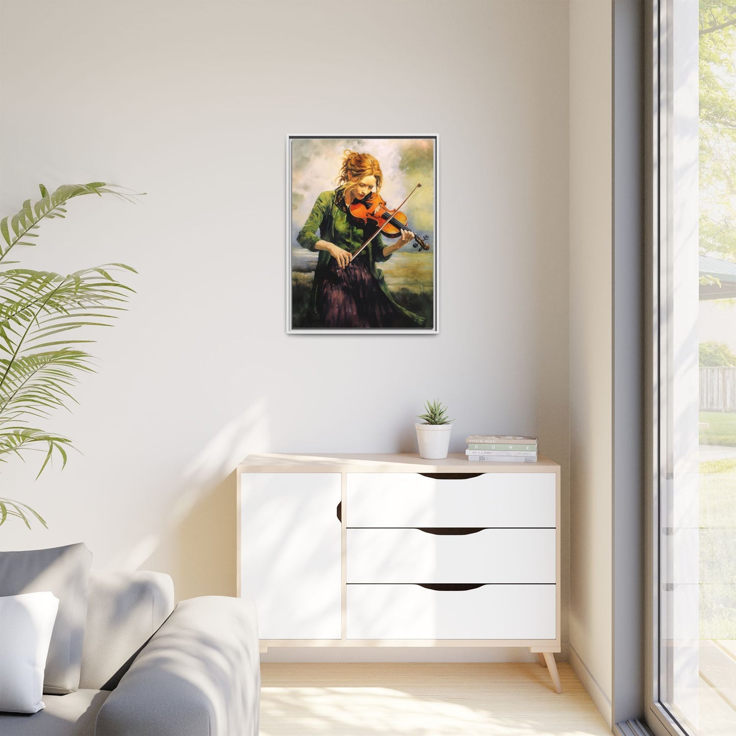 Young Girl with Fiddle wall art featuring a young musician playing the fiddle, printed on high-quality canvas for timeless and elegant décor.